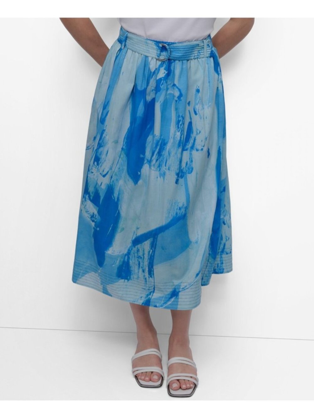 DKNY Women's Printed Belted Midi Skirt Blue polyester Size L $109